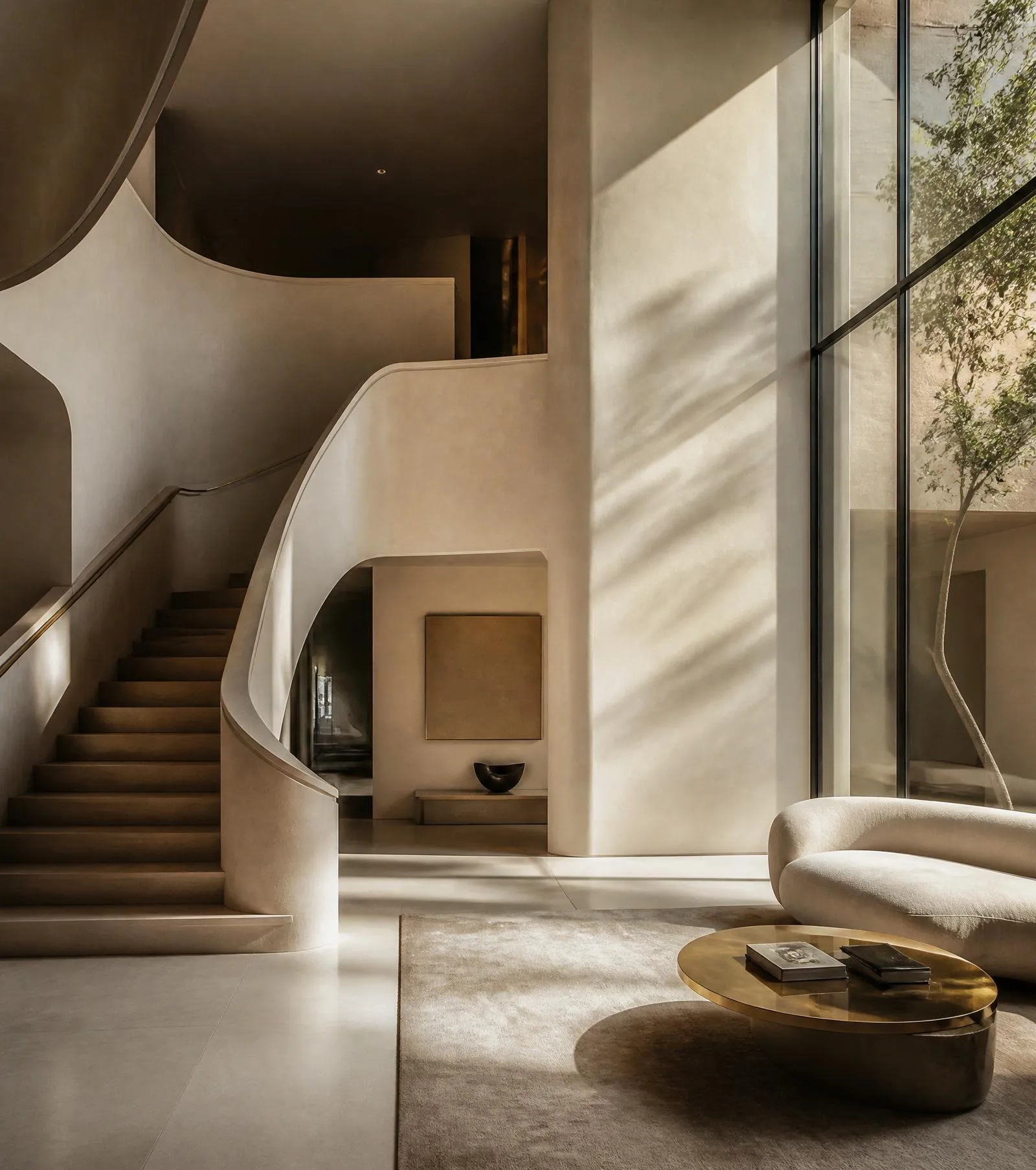 Luxury architectural interior with warm ivory walls and champagne gold light